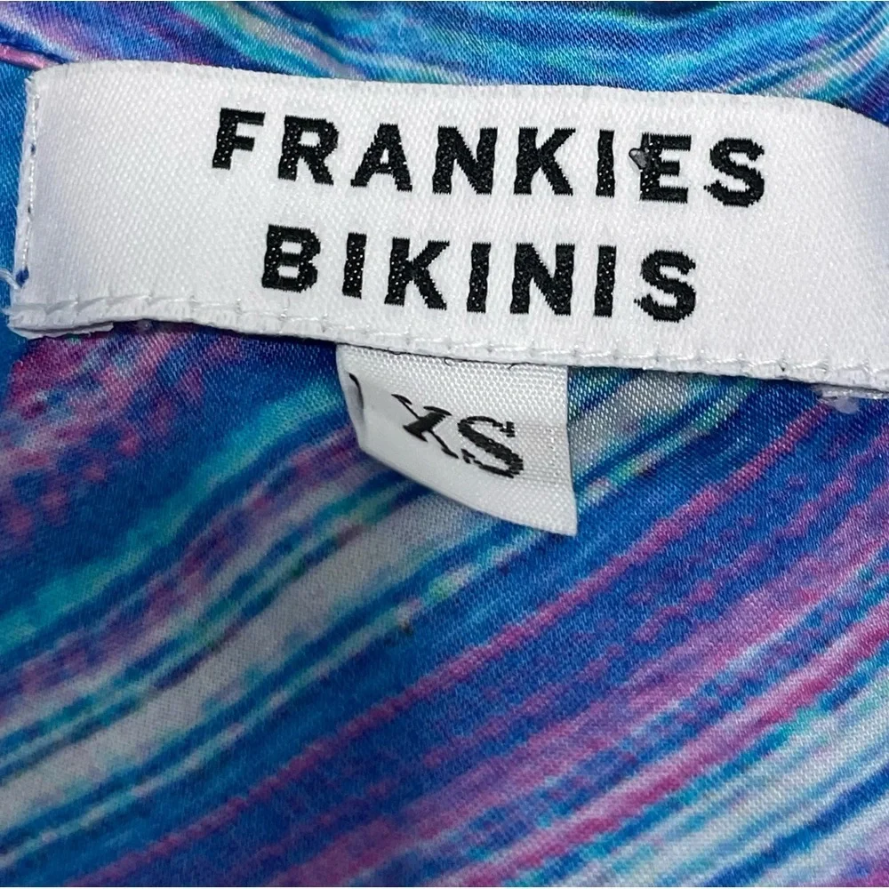 Frankie’s Bikinis Fifi Sustainable blue purple swirl cover up shirt. Size XS